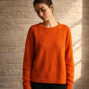 May include: An orange crew neck sweater. The sweater has long sleeves and a ribbed hem and cuffs. The model is wearing the sweater. The background is a light-colored brick wall.