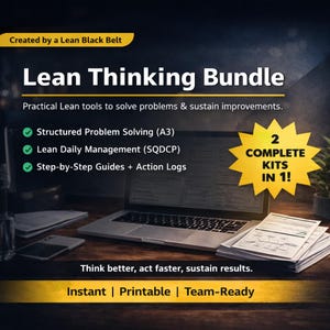 May include: A promotional image for a "Lean Thinking Bundle" with the text "Lean Thinking Bundle" and "2 Complete Kits in 1!". The image includes a laptop, papers, and the text "Instant | Printable | Team-Ready". The image is on a wooden surface.