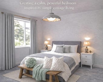 Rustic Cottage Bedroom Design Guide, Rustic Modern Country Bedroom Ideas, Cozy Calm Bedroom Layout, Cottage Style Interior Design PDF