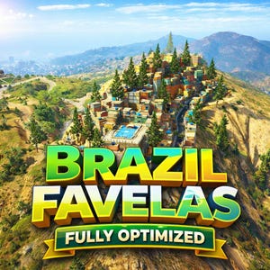 Puede incluir: Ilustración digital de una favela brasileña en una ladera, con edificios coloridos y vegetación. La imagen presenta el texto "BRAZIL FAVELAS" en negrita y 3D, y "FULLY OPTIMIZED" en una pancarta debajo.