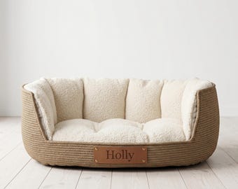 Cama personalizada para perros con nombre, cama tejida para mascotas, cama de ratán para perros, cama de lujo para mascotas, cama acogedora para gatos, regalo de muebles naturales para mascotas