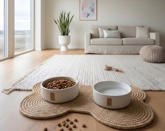 Natural Jute Bone Shaped Pet Mat, Durable Braided Dog Cat Rug, Boho Pet Area Doormat, Coiled Fiber Floor Decor, Eco-Friendly Feeding Mat