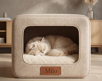 Personalized Cat Cave Bed with Name, Felt Pet Bed House, Custom Dog Cave, Cozy Enclosed Cat Bed, Modern Pet Furniture Gift