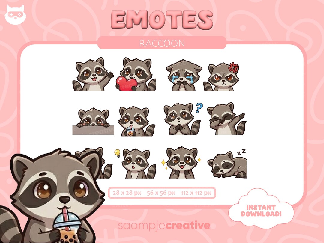 12 Raccoon Emote Pack | Twitch Emotes | Mega Bundle Cute Chibi Raccoon ...