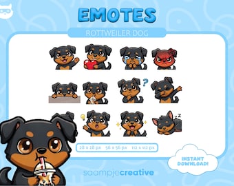 Pack de 12 gestos de Rottweiler | Emoticones de Twitch | Megapack de un perro chibidog adorable | Emoticones de Discord y patadas | (descarga digital)
