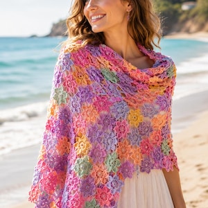 crochet summer wrap, color flower crochet, lace shawl pattern, bridal wrap, pdf pattern download, beaded lace, boho floral, triangle shawl
