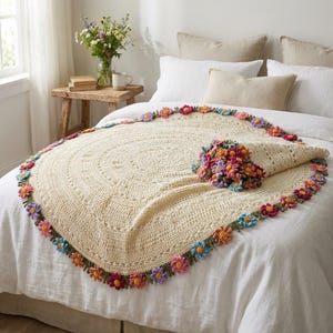 Op de afbeelding: Een ronde, crèmekleurige gehaakte deken met een gestructureerd, cirkelvormig patroon en een decoratieve rand van kleine, veelkleurige gehaakte bloemen in tinten roze, paars, oranje en blauw, met een bijpassend bloemstukje bovenop.