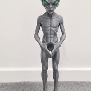 May include: A standing grey alien figurine with a smooth, slender build and defined musculature. The figure features a large, rounded head, prominent facial features, and striking, glossy green almond-shaped eyes. Its hands are joined together.