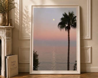 Pink Sunset Palm Tree Print, Moon Over Ocean Wall Art, Minimalist Coastal Photography, Aesthetic Beach Poster, Calm Pastel Sky Decor