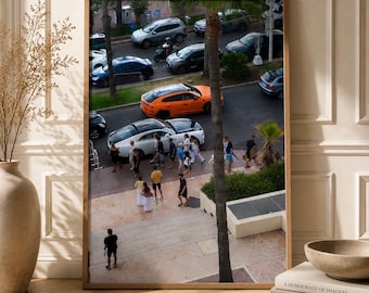 Modern Urban Street Photography Print, Orange Car Wall Art, City Life Aesthetic Poster, European Street Scene Decor, Digital Download