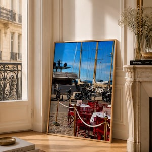 Saint-Tropez Print, French Riviera Wall Art, Mediterranean Coastal Photography, Boats & Red Cafe Chairs, House Interior Photo Print image 1