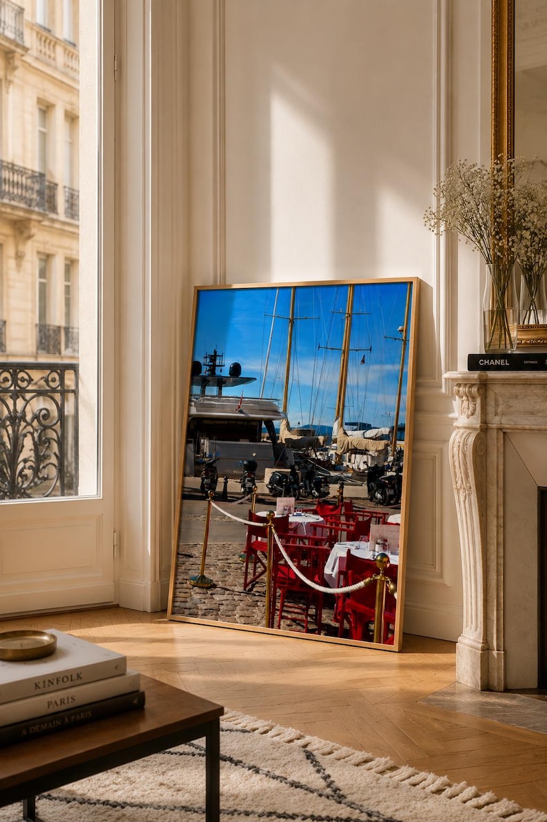 Saint-Tropez Print, French Riviera Wall Art, Mediterranean Coastal Photography, Boats & Red Cafe Chairs, House Interior Photo Print image 1