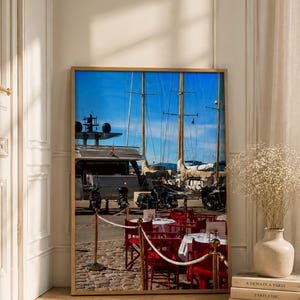 Saint-Tropez Print, French Riviera Wall Art, Mediterranean Coastal Photography, Boats & Red Cafe Chairs, House Interior Photo Print image 3
