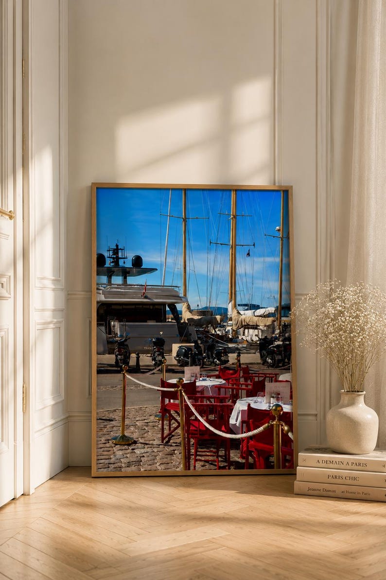 Saint-Tropez Print, French Riviera Wall Art, Mediterranean Coastal Photography, Boats & Red Cafe Chairs, House Interior Photo Print image 3
