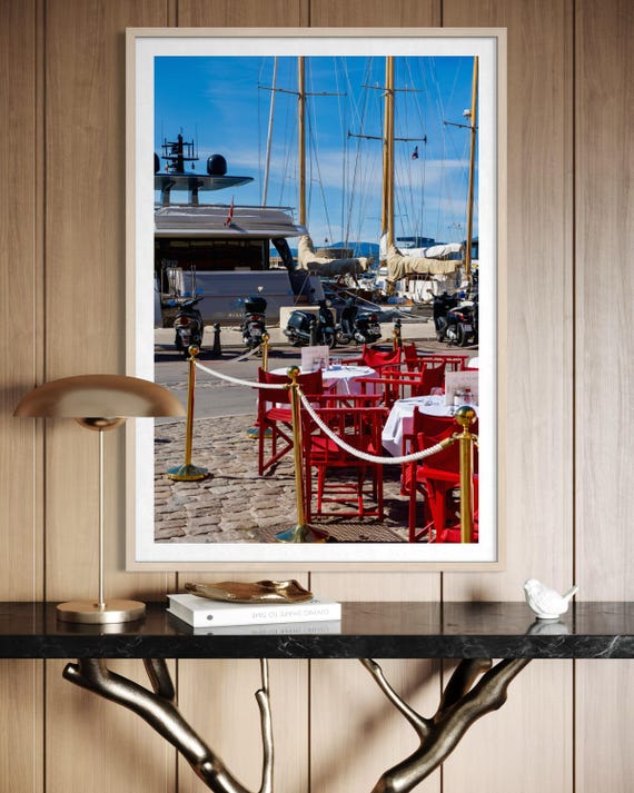 Saint-Tropez Print, French Riviera Wall Art, Mediterranean Coastal Photography, Boats & Red Cafe Chairs, House Interior Photo Print