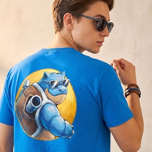 Blastoise Back Print T-Shirt, Retro 90s Anime Graphic Tee, Water Starter Cotton Tee (Unisex)