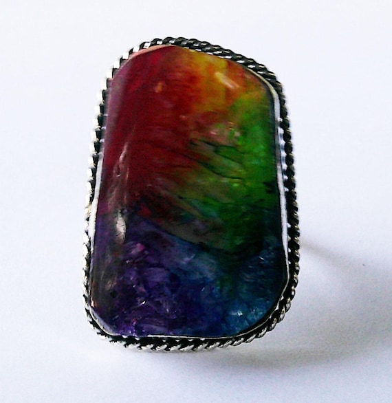 Sterling Silver Plated Dyed Solar Rainbow Quartz Ring