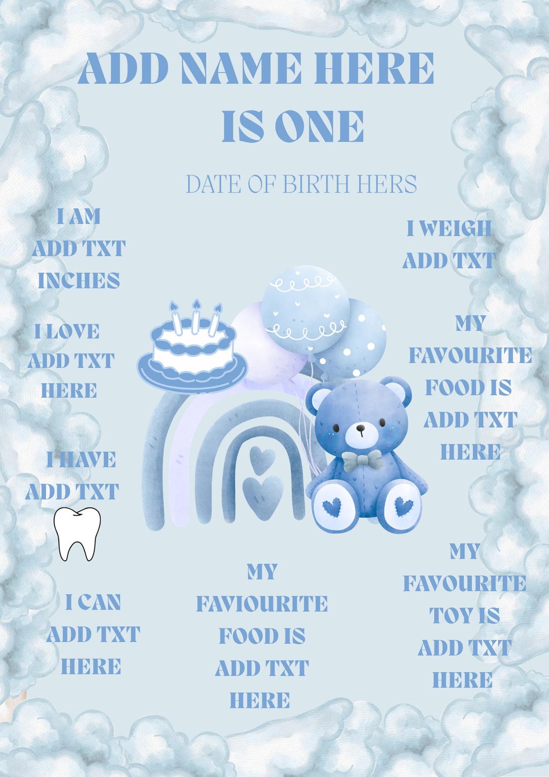 Personalise Pastel Blue Teddy Bear 1st Birthday Milestone Sign (canva ...