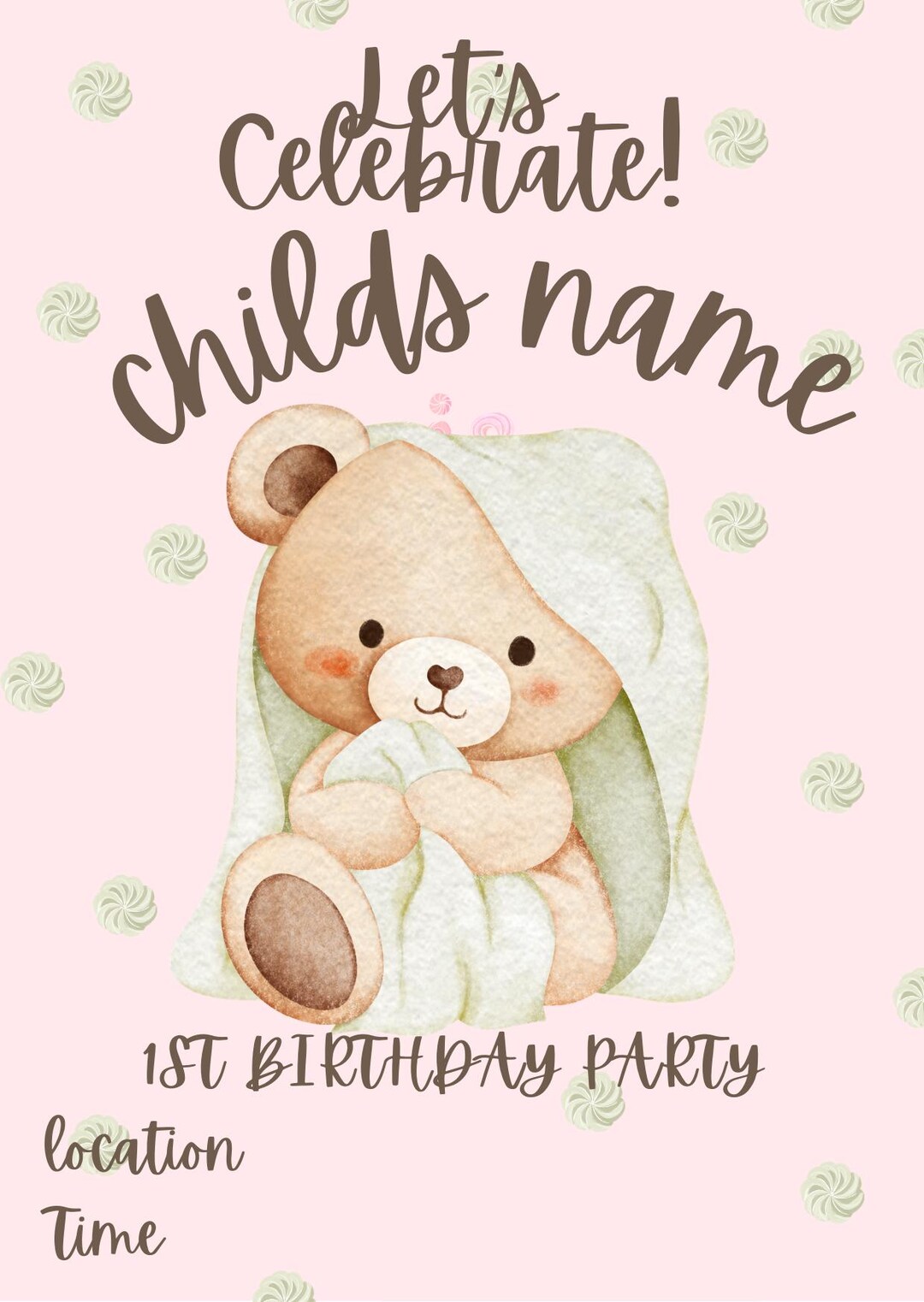 Personalise Pink Teddy Bear Girls 1st Birthday Invitation | Editable ...