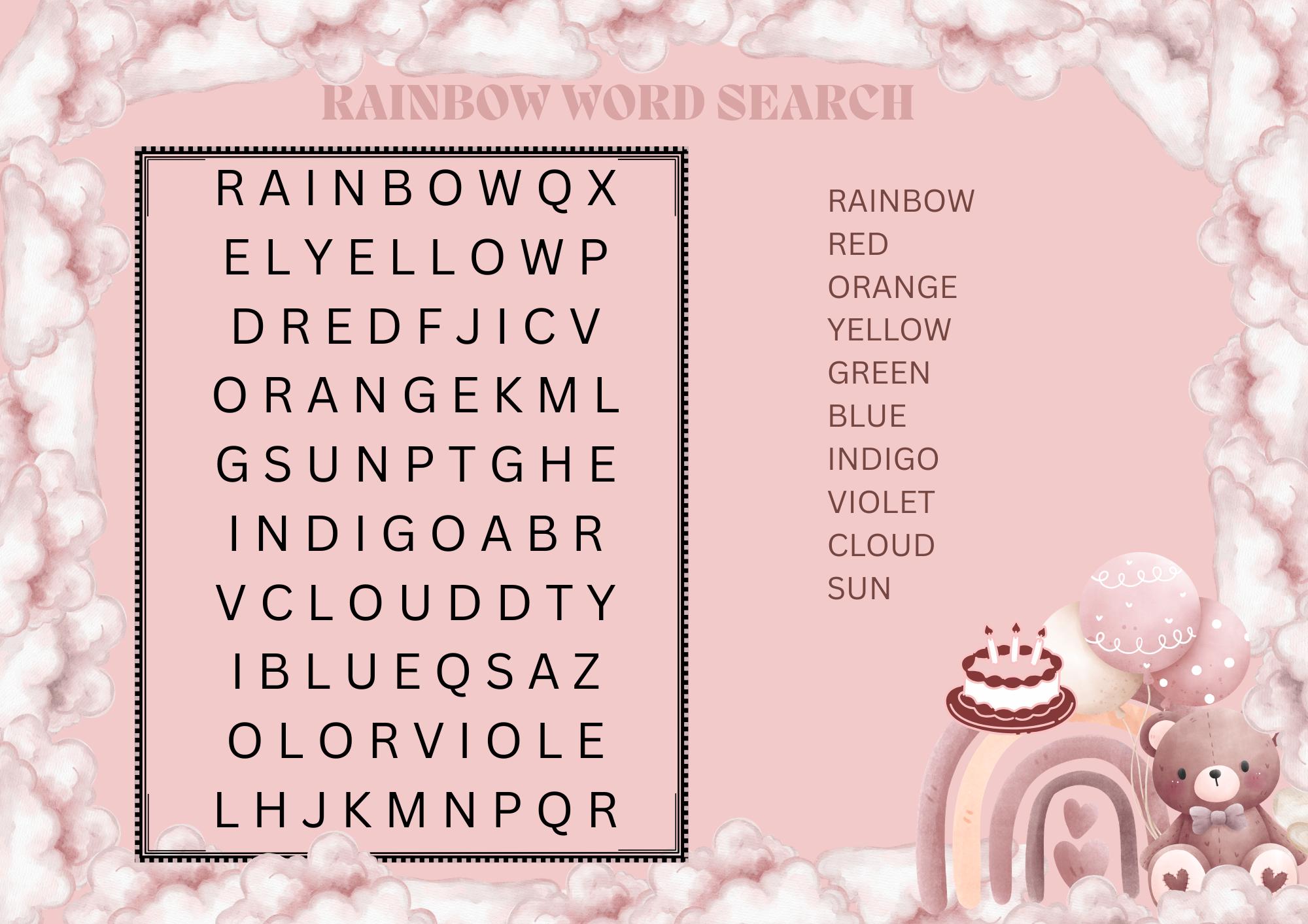 Rainbow Pink Shower Word Search Game | Pastel Canva Template (digital ...