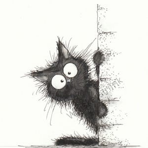 May include: A whimsical black cat illustration with large, expressive eyes peeking around a white wall. The cat has spiky fur and a curious expression, rendered in a detailed pen and ink style.