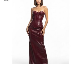 Custom Women's Leather Maxi Dress : Burgundy Bodycon Long Gown | Strapless Runway Outfits - Gift for Her