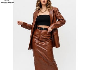 Women's Leather Blazer and Skirt : Brown Crocodiles Print Long Midi Outfits Suit Set - Gift for Her
