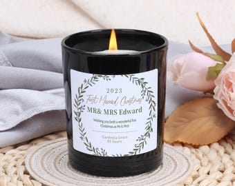 Personalised First Married Christmas Candle: Botanical Wreath, Soy Wax, With Wooden Lid
