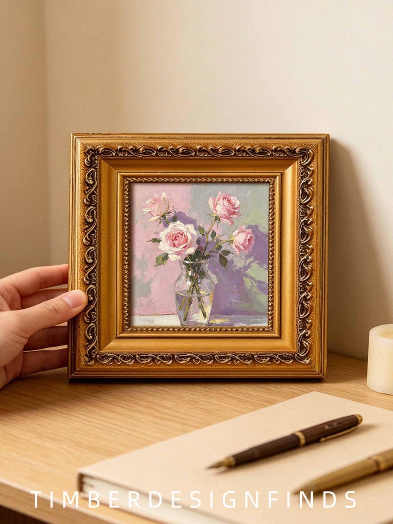 Pink Roses in Glass Vase Floral Oil Painting, Vintage Golden Framed Art ...
