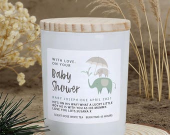 Personalised Baby Shower Candle: Frosted Glass, Elephant Design, Soy Wax