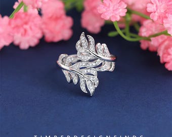 Zircon Leaf Ring, Dainty Nature Inspired Band for Women