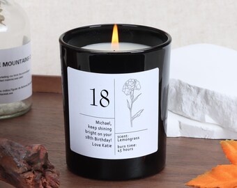 Regalo de 18º cumpleaños: Vela de cera de soja con diseño floral, recuerdo personalizado, con tapa de madera.