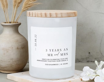 Personalised 3rd Wedding Anniversary Candle Gift: Soy Wax Scented Candle