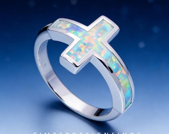 White Cross Opal Ring Dainty Faith Jewelry Gift for Her