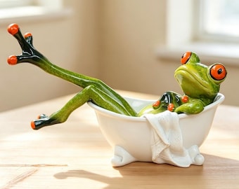 Fun Bathing Frog Resin Figurine, Whimsical Animal Desktop & Garden Decor Ornament, Decorative Craft Gift For Animal‑Ornament Collectors
