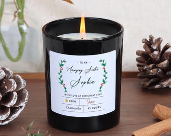 Personalised Christmas Candle Gift for Sister: Soy Wax Apothecary Jar, With Wooden Lid