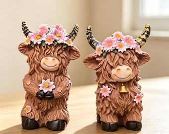 Flower‑Crown Highland Cow Resin Figurine, Garden Courtyard Tabletop Home Decor Ornament,Decorative Craft Gift For Animal‑Ornament Collectors