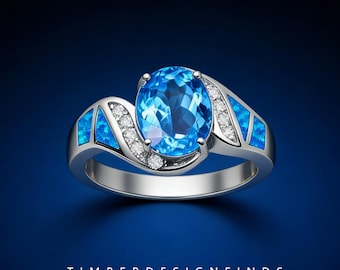 Blue Opal Oval Ring, Engagement Opal Ring
