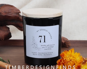 Personalised 71th Birthday Candle Gift: Floral Soy Wax, Custom Message, With Wooden Lid