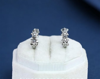 925 Sterling Silver Star Hoop Earrings Vintage Oxidized