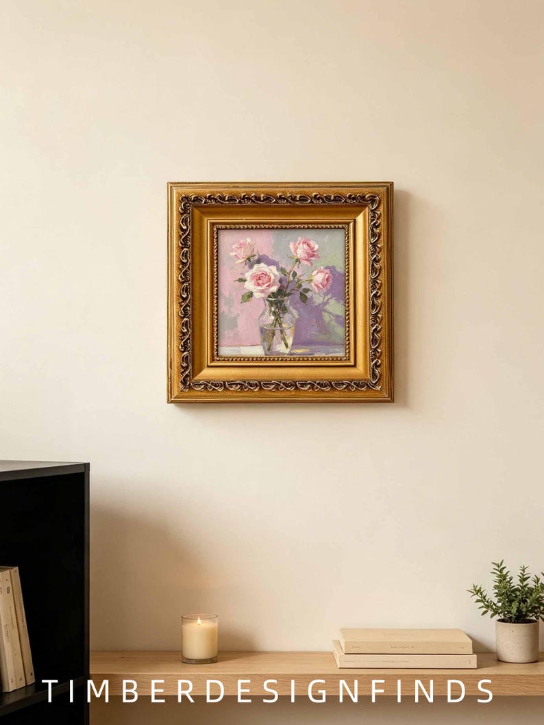 Pink Roses in Glass Vase Floral Oil Painting, Vintage Golden Framed Art ...