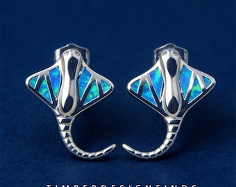 Blue Opal Manta Ray Earrings, Cute Opal Stud Earrings