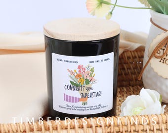Personalised Congratulations Candle: Floral Apothecary Jar, Soy Wax, With Wooden Lid