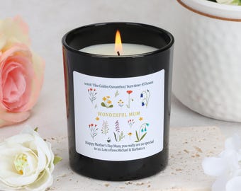 Personalised Mother's Day Candle: Scented Soy Wax, Wildflower Label, With Wooden Lid