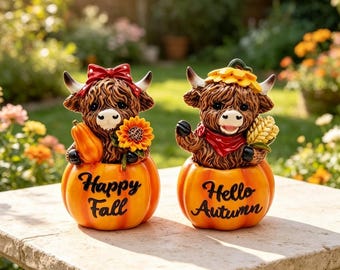 Creative Highland Cow Pumpkin Resin Figurine, Autumn Theme Tabletop Home Decor Ornament, Decorative Craft Gift For Fall & Holiday Gifting