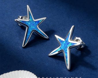 Starfish Blue Opal Stud Earrings, Cute Flower Opal Earrings