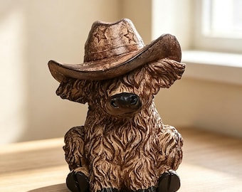 Cowboy Highland Cow Resin Figurine, Home Decor Ornament, Decorative Craft Gift For Western‑Style Decoration & Animal‑Ornament Collectors