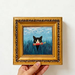Hand Painted Tuxedo Cat Holding Firecracker in Grass Oil Painting, Christmas gift, Custom oil painting from photo, Gift for friend, Size 4x4