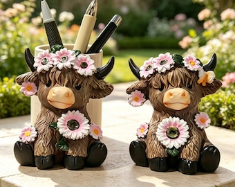 Highland Cow Flower‑Crown Resin Figurine, Multi‑Purpose Plant Pot Pen Holder, Decorative Craft Gift For Valentine’s Day & Housewarming