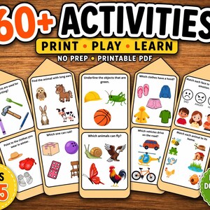 Può includere: Schede di attività educative stampabili per bambini dai 3 ai 5 anni, con illustrazioni colorate e testo. Le schede trattano vari argomenti, tra cui l'abbinamento, l'identificazione di oggetti e il riconoscimento delle emozioni. Il titolo recita "60+ ATTIVITÀ".